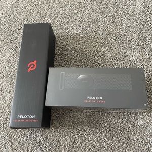 Peloton glass water bottle and heart rate band